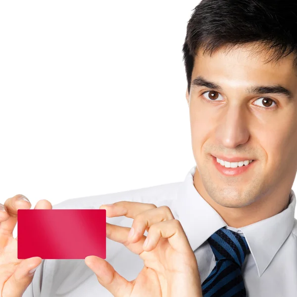 Businessman giving blank red card, on white — Stock Photo, Image