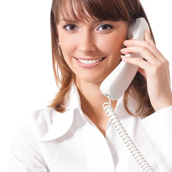 Femme d'affaires avec téléphone, sur blanc — Photo