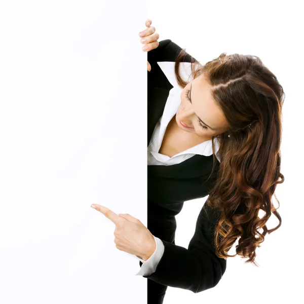 Businesswoman showing blank signboard, isolated — Stock Photo, Image