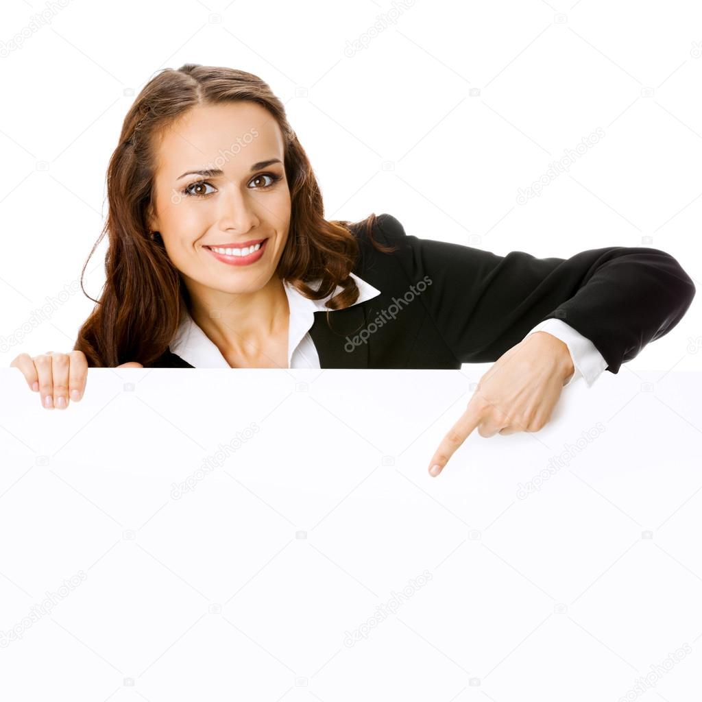 Businesswoman showing blank signboard, isolated