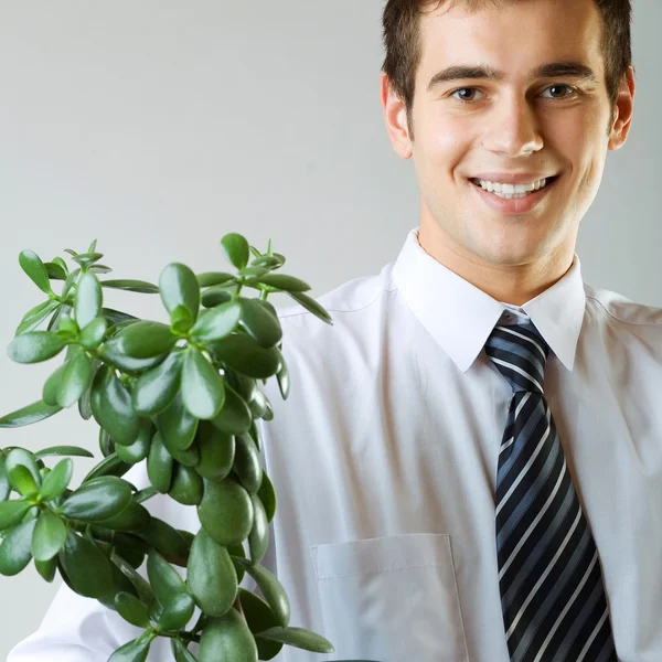 Businessman or student with flowerpot — Stock Photo, Image