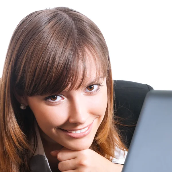 Businesswoman with laptop, isolated — Stock Photo, Image