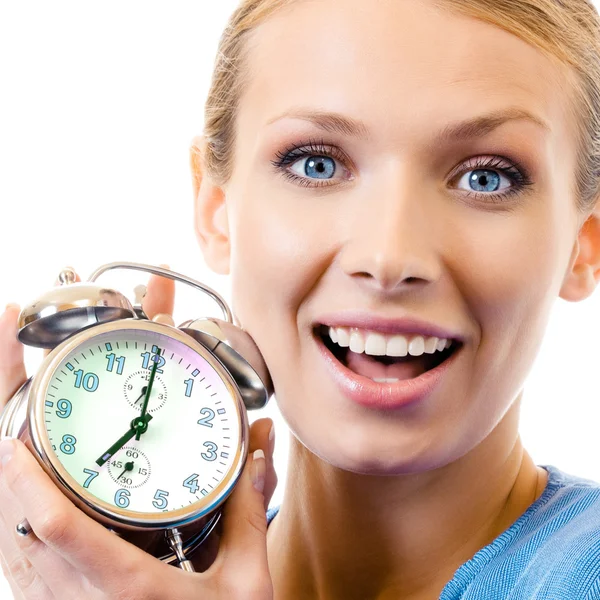Woman with alarmclock, isolated — Stock Photo, Image