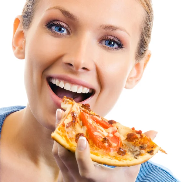 Donna che mangia pizza, sopra bianco — Foto Stock