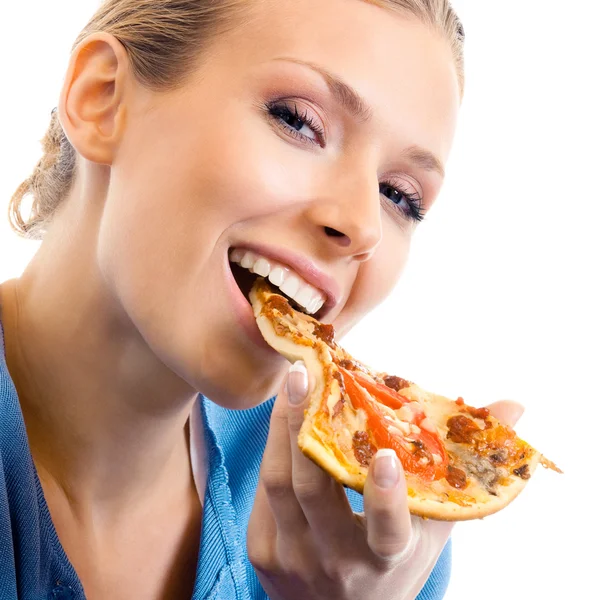 Mulher comendo pizza, sobre branco — Fotografia de Stock