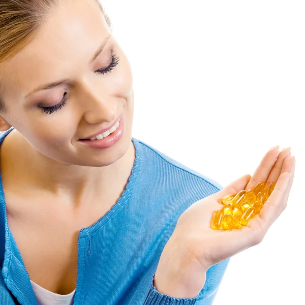 Vrouw met Omega 3 vissen olie capsule — Stockfoto