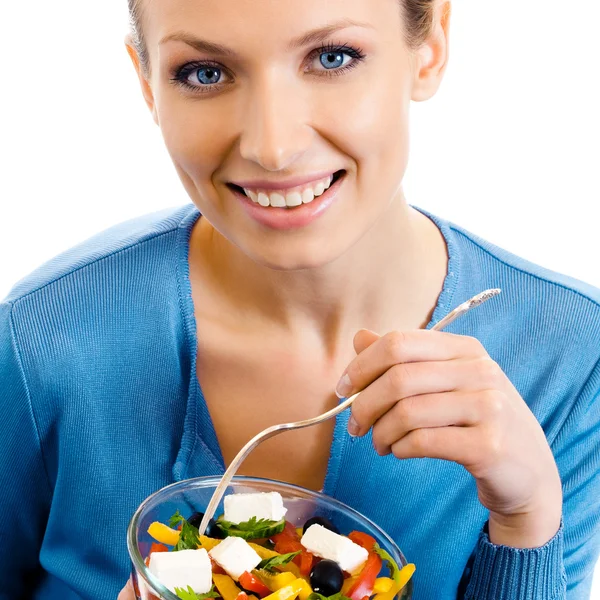 Happy smiling woman with salad, isolated on white — Stock Photo, Image