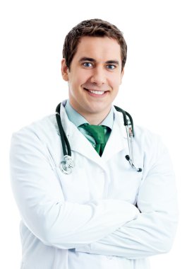 Neşeli gülümseyen Doktor, beyaz