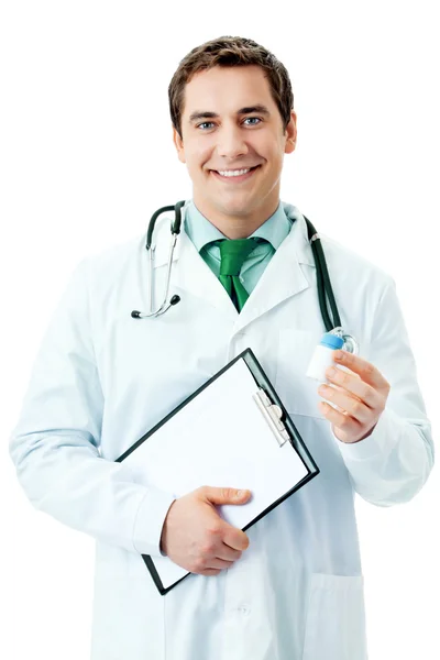 Médico com medicamento e prancheta, sobre branco — Fotografia de Stock