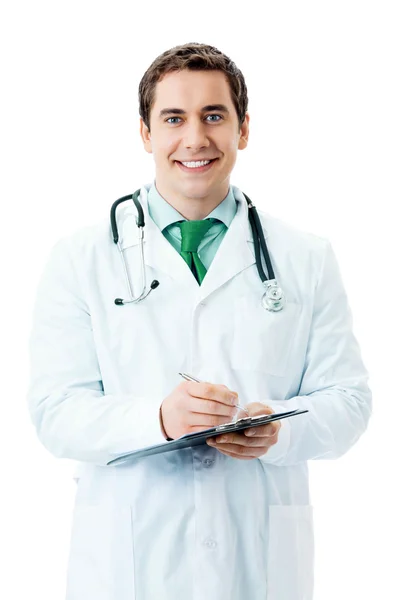 Doctor escribiendo en portapapeles, sobre blanco — Foto de Stock