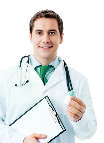 Médico com medicamento, sobre branco — Fotografia de Stock