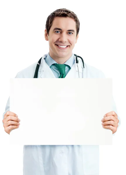 Doctor with blank signboard with copyspace area — Stock Photo, Image