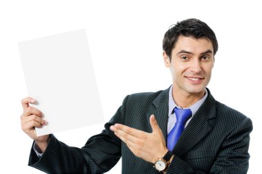 iş adamı izole boş tabela gösteriliyor 