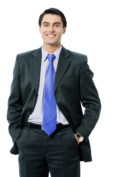 Retrato de joven empresario con corbata azul, sobre blanco — Foto de Stock