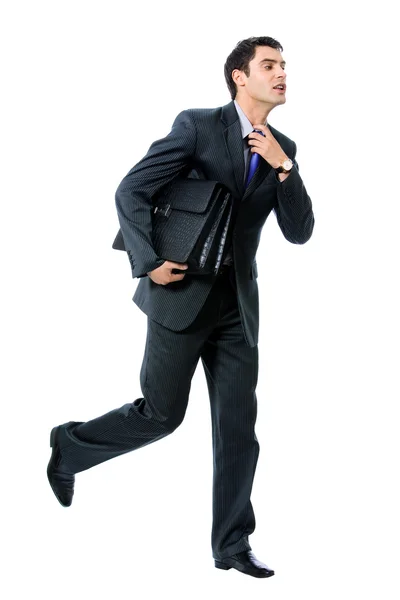 Бізнесмен з бігом на портфелі, ізольований — стокове фото