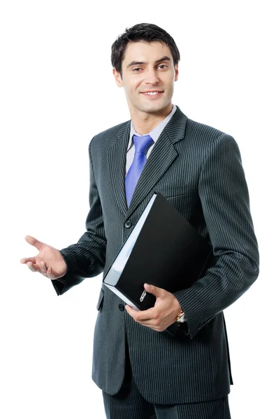 Uomo d'affari o altoparlante in cravatta blu, con cartella, isolato — Foto Stock