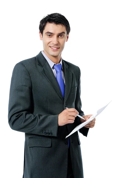 Sonriente hombre de negocios escribiendo, sobre blanco — Foto de Stock