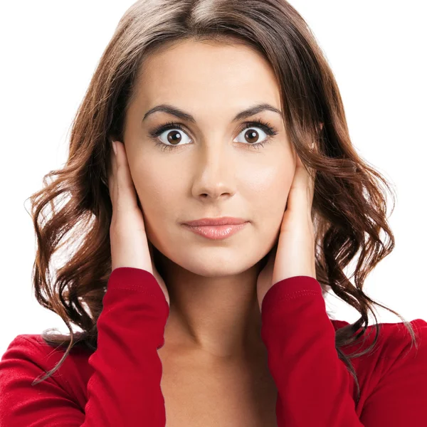 Woman covering with hands her ears, on white — Stock Photo, Image