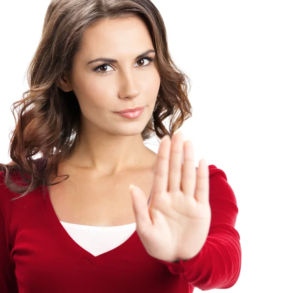 Seriózní žena gestem stop, na bílém pozadí — Stock fotografie