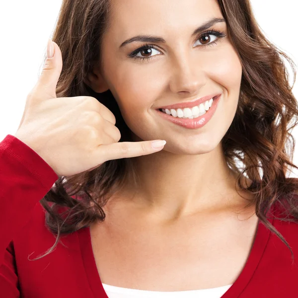 Beautiful woman showing call me gesture, over white — Stock Photo, Image