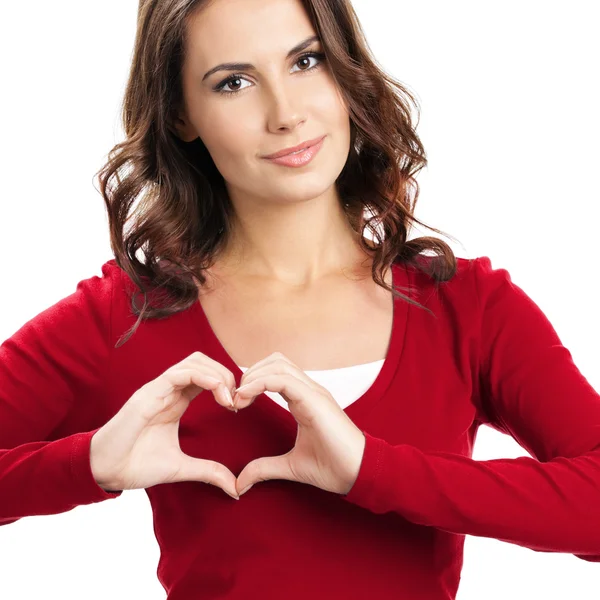Woman showing heart symbol gesture, on white — Stock Photo, Image
