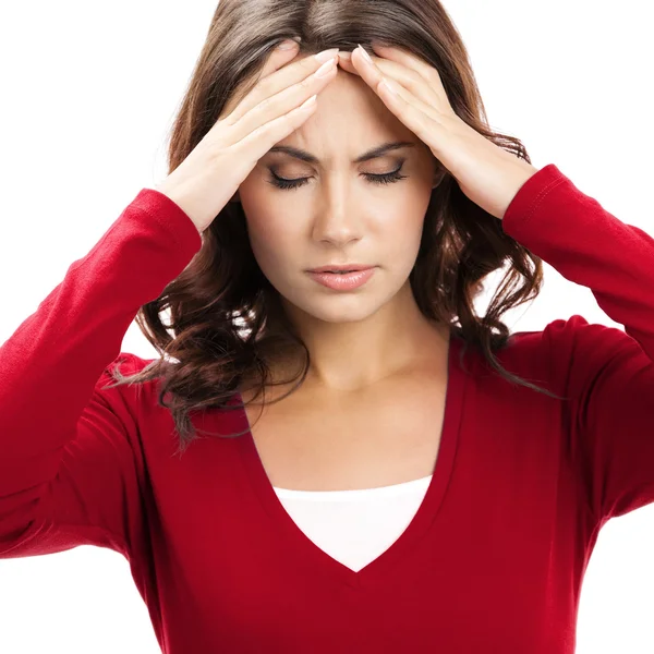 Pensamiento, cansado o enfermo con dolor de cabeza mujer, en blanco —  Fotos de Stock