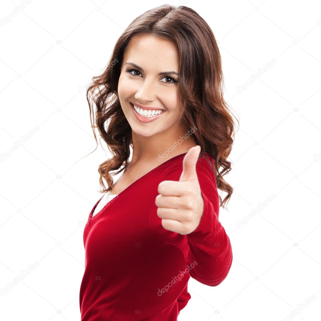 Woman showing thumbs up gesture, on white