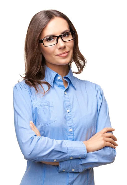 Retrato de mulher de negócios jovem em copos, em branco — Fotografia de Stock