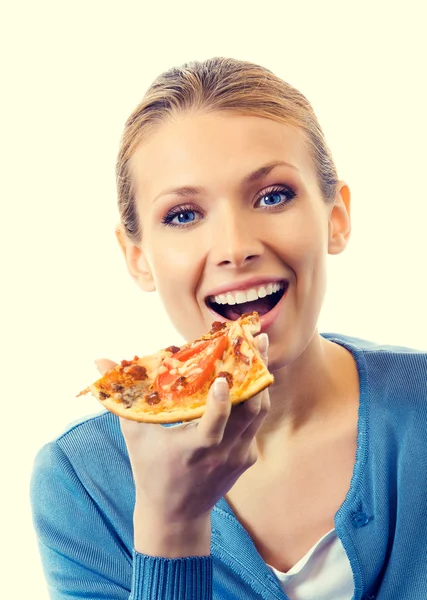 Beautiful young woman eating pizza — Stock Photo, Image