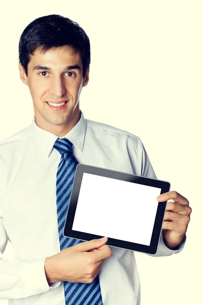 Businessman showing blank taplet pc monitor — Stock Photo, Image