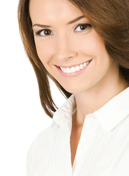 Retrato de jovem empresária sorridente, em branco — Fotografia de Stock