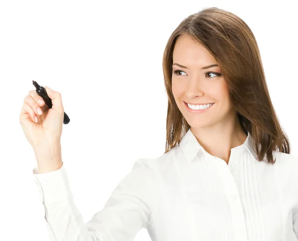 Mujer de negocios escribiendo o dibujando, en blanco Imagen de archivo