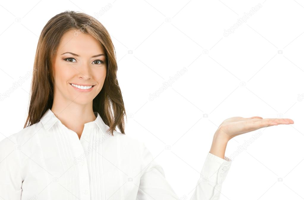Business woman showing something or holding, on white 