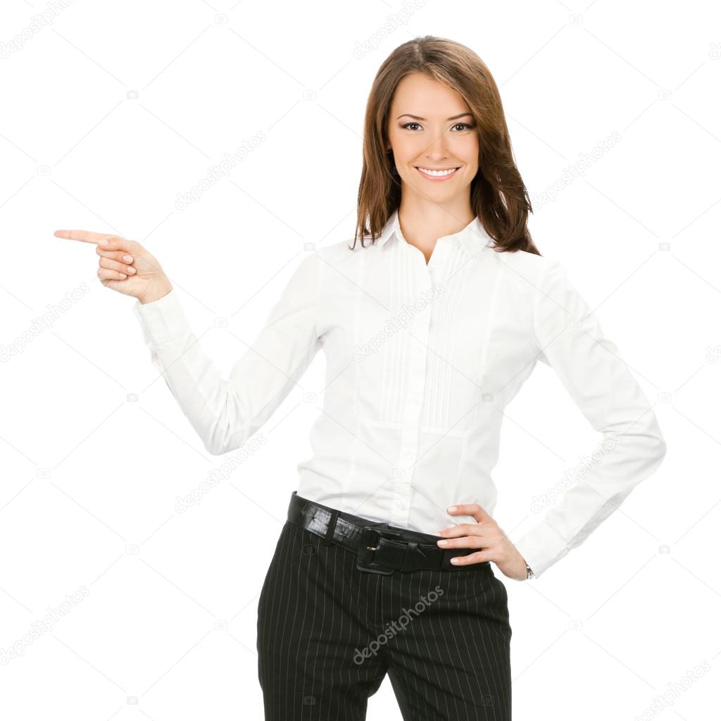 Business woman showing something, on white