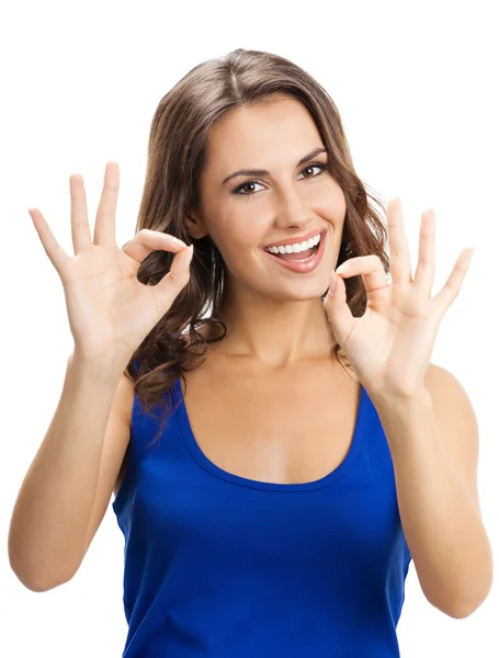 Woman showing okay gesture, on white — Stock Photo, Image