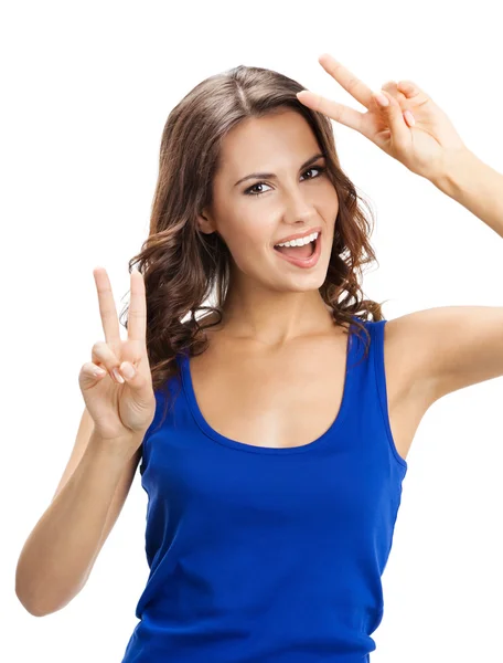 Woman showing two fingers or victory gesture, on white — Stock Photo, Image