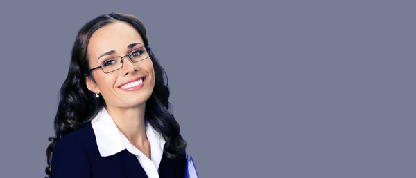 Молода бізнес-леді в окулярах, з копійкою — стокове фото