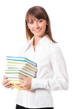 Ders kitapları, beyaz ile gülümseyen kadın portresi 