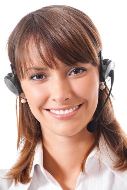 Destek telefonu operatörü, beyaz üzerine portresi 