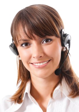 Destek telefonu operatörü, beyaz üzerine portresi 