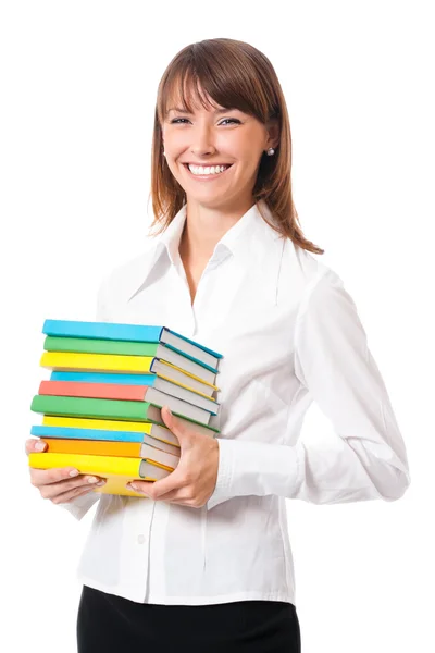 Portret van lachende vrouw met schoolboeken, op wit — Stockfoto