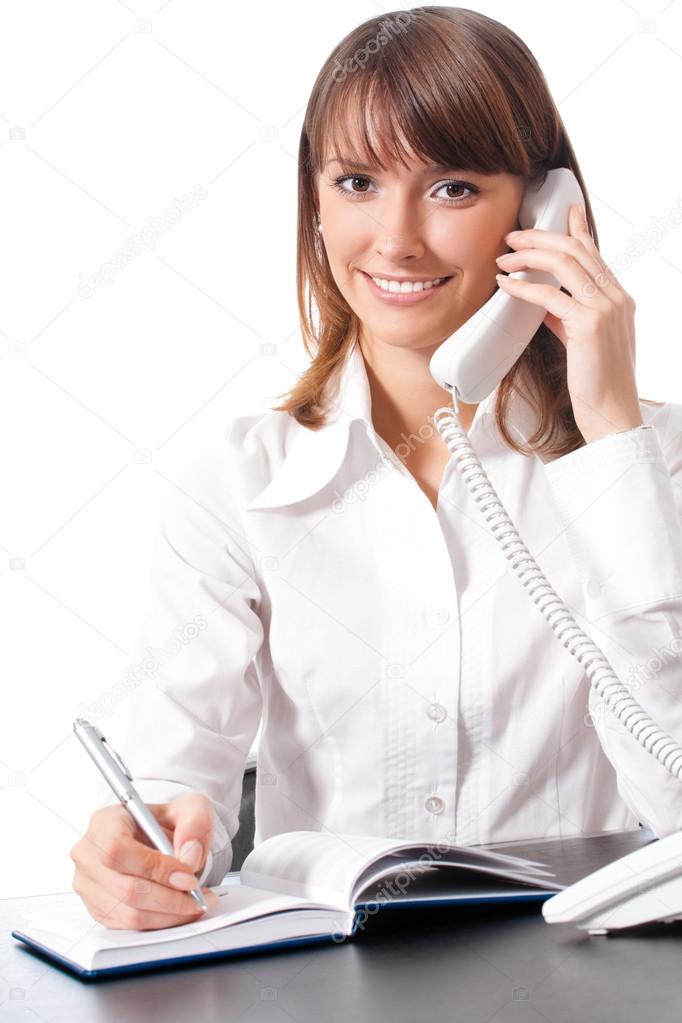 Young businesswoman with phone, on white
