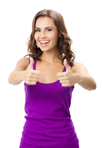 Mujer mostrando los pulgares hacia arriba gesto, sobre blanco — Foto de Stock
