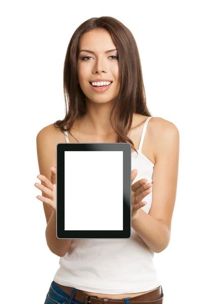 Mulher mostrando monitor de computador tablet sem nome em branco, no branco — Fotografia de Stock