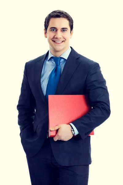 Retrato de feliz hombre de negocios sonriente con carpeta roja — Foto de Stock