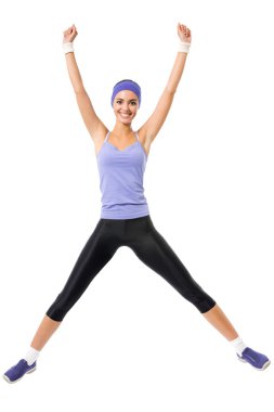mutlu gülümseyen kadın atlama ya da fitness aerobik egzersiz, 