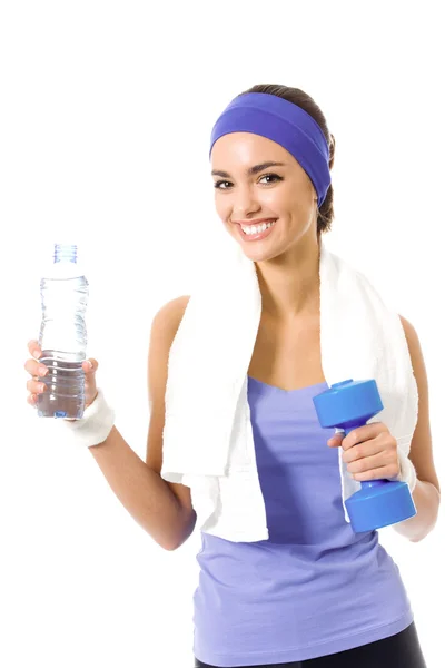 Feliz mujer sonriente en ropa deportiva violeta con botella de agua y —  Fotos de Stock