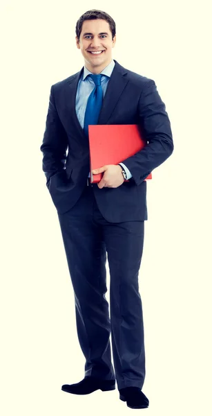 Feliz hombre de negocios sonriente con carpeta roja —  Fotos de Stock