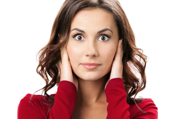 Woman covering with hands her ears, on whie — Stock Photo, Image