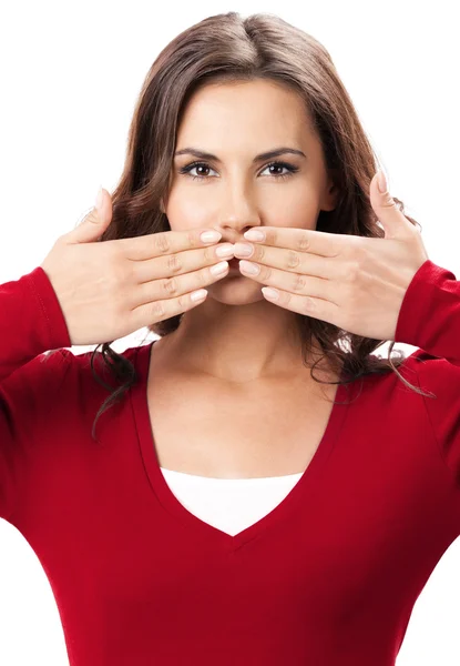 Young woman covering mouth, , on whie — Stock Photo, Image